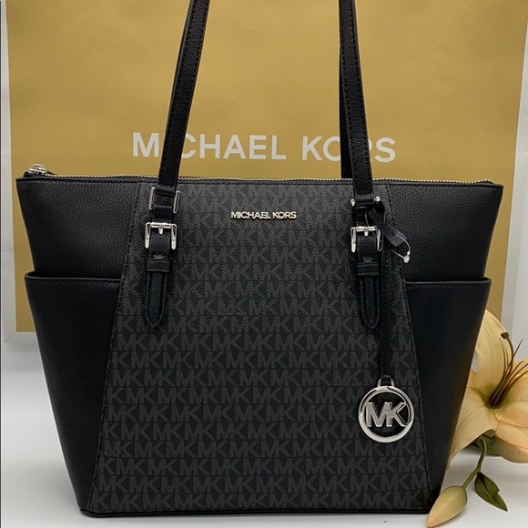 MICHAEL KORS CHARLOTTE LARGE TOP ZIP BAG TOTE BLACK NWT